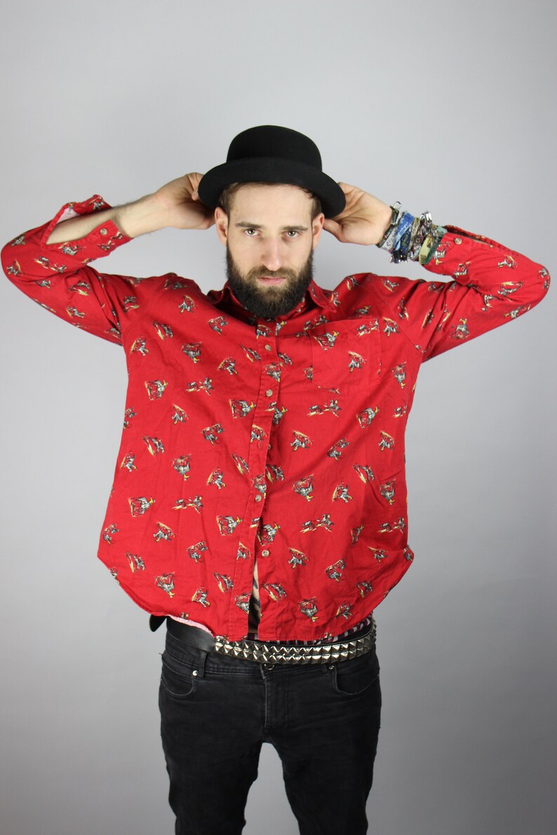 Vintage Red Blouse Western Cowboy Rodeo Shirt Colorful Horses Horseman Pattern Unisex Cute Grunge Alternative Mod Hippie Summer 80s 90s