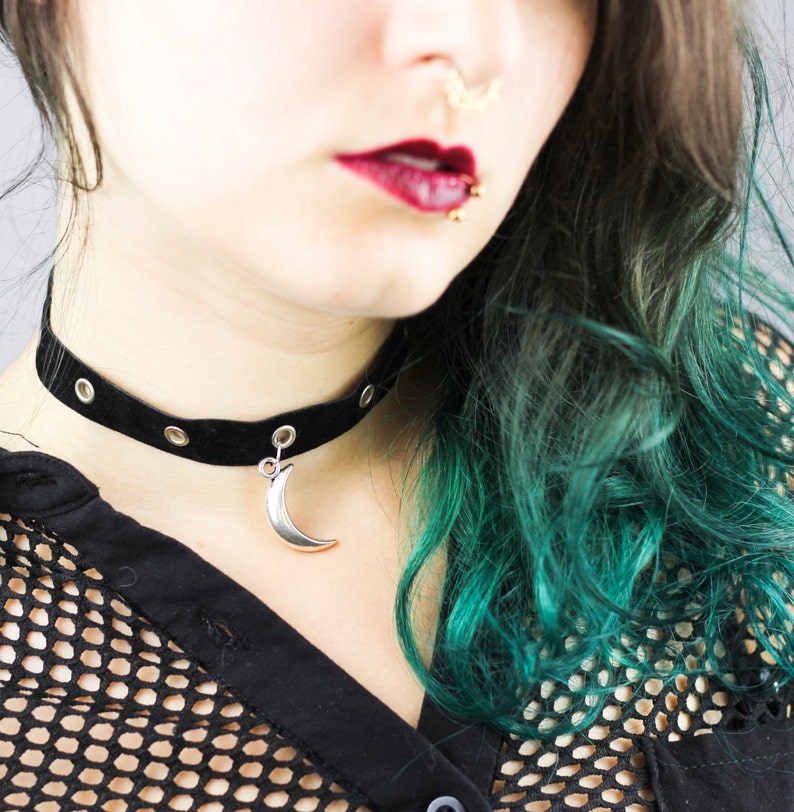 Handmade Black Velvet CHOKER Moon Silver Eyelets Necklace Punk Grunge Goth Gothic Alternative Shittyfucky