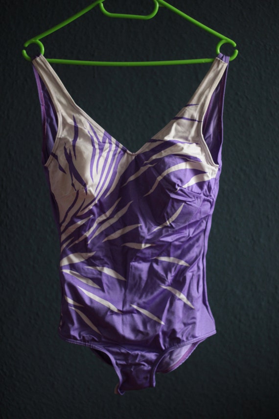 Vintage Purple White Swimsuit L, Abstract Lines, Z