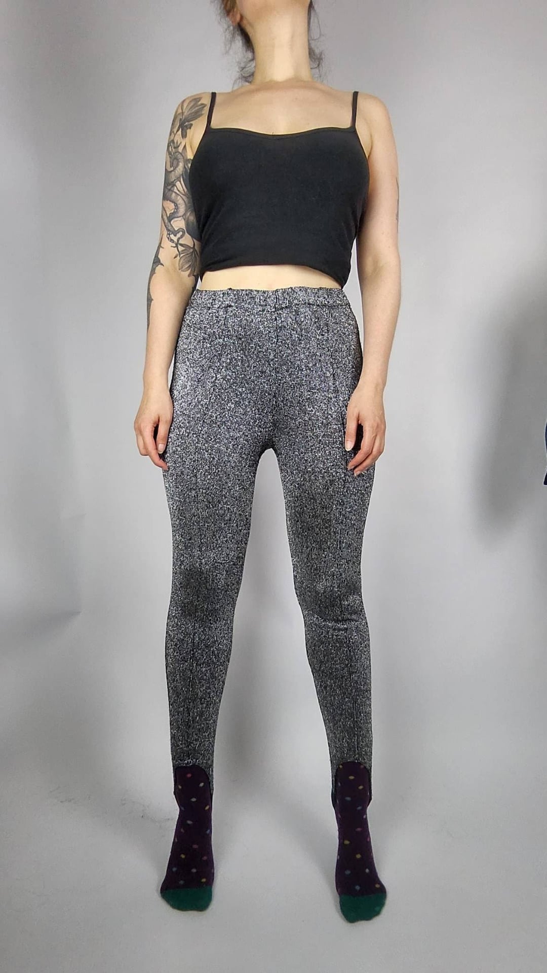 Vintage Glitter Leggings Silver Black S/M, Metallic Trousers, Glam Rock  Party Outfit, 80s 90s Stirrup Pants, Foot Rubber Band Loop -  Norway
