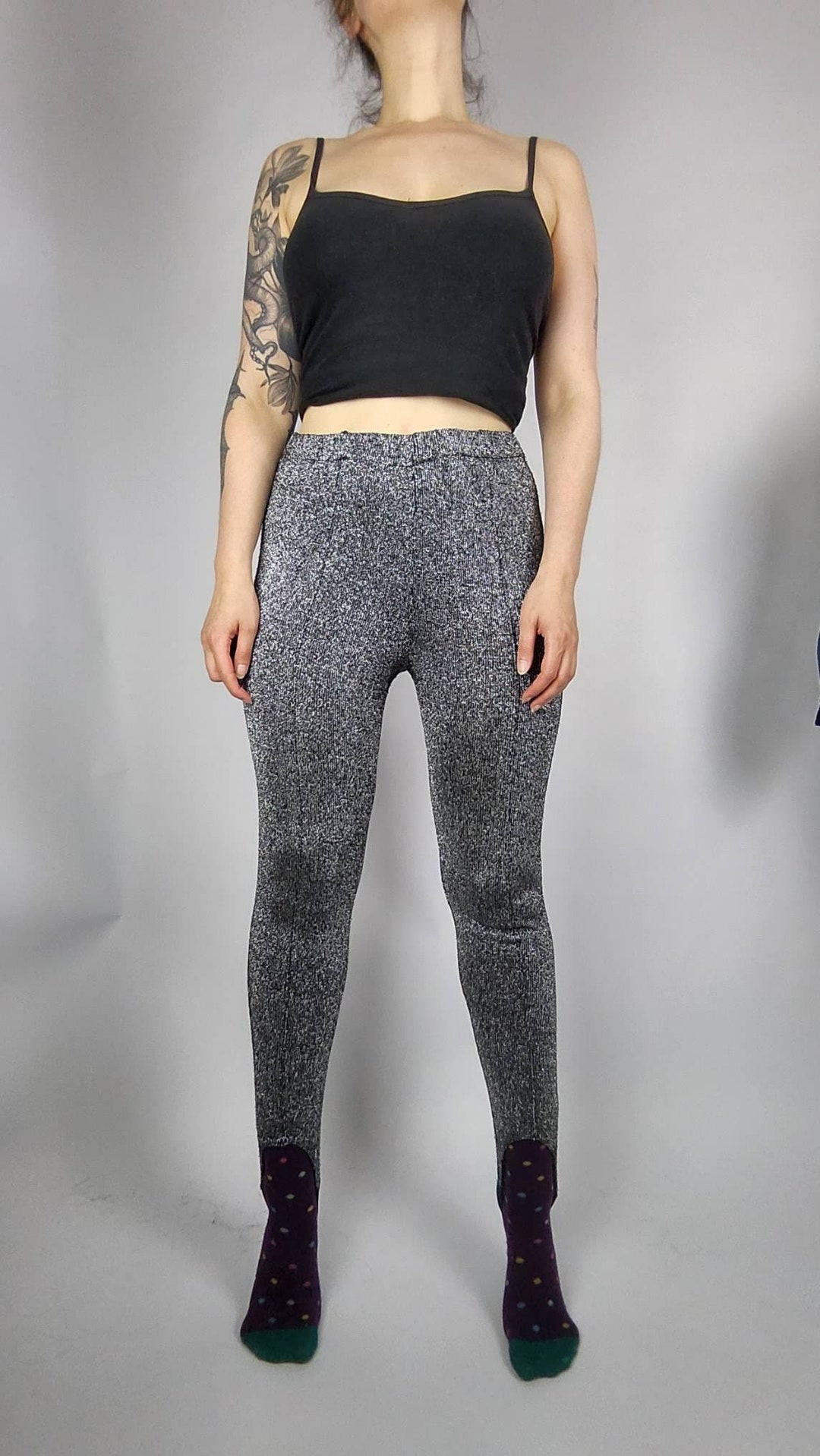 Vintage Glitter Leggings Silver Black S/M, Metallic Trousers, Glam