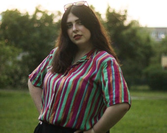 Vintage Silk Blouse Colorful Stripes M, Striped Brushed Artistic Top, Crazy Pattern