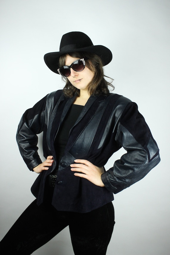 Vintage Darkblue Patchwork Leatherjacket, Dark 80… - image 1