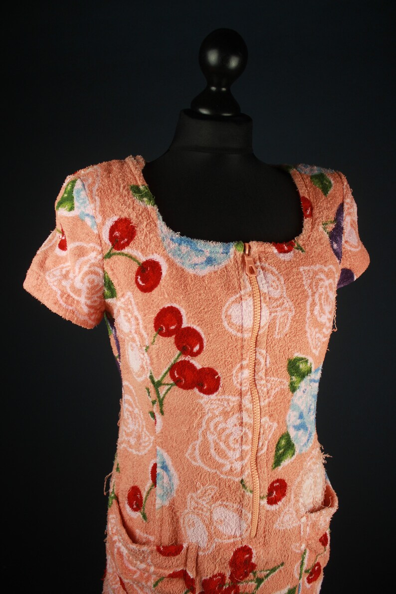 Vintage Rena Lange Towel Dress, Cherries Floral Pattern, 60s 70s Pin Up Beach Wear, Terry Cloth image 4