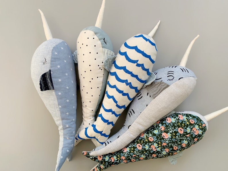 Blue Linen /& Cotton Dot Print Personalized Stuffed Narwhal with Organic Dried Lavender