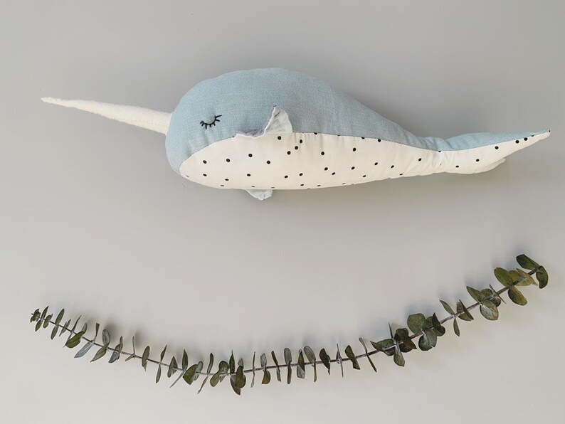 Blue Linen /& Cotton Dot Print Personalized Stuffed Narwhal with Organic Dried Lavender