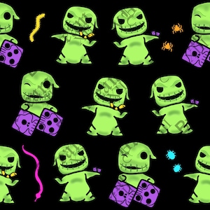 May include: A repeating pattern featuring a green cartoon character with a stitched mouth and a purple dice. The character is holding a purple dice and has a yellow worm in its mouth. The background is black.