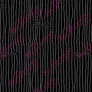 Puede incluir: Un patrón de tela negro con líneas blancas verticales, finas y ligeramente onduladas. Dispersas por el diseño hay pequeñas criaturas blancas estilizadas que parecen murciélagos, con alas puntiagudas y ojos brillantes.