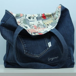 Große Schultertasche - Wunderschöne (recycelter Jeansstoff, Beuteltasche, handgemacht)