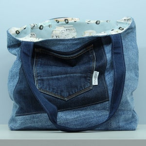 Große Schultertasche - Campervan (recycelter Jeansstoff, handgemacht, Tote style, große Kapazität)