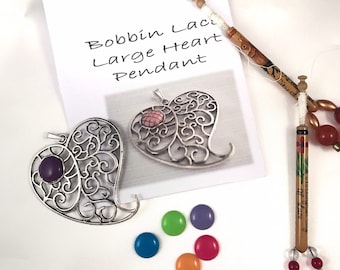 Large Heart Bobbin Lace Kit; Bobbin Lace Kit; jewellery making kit; available with choice of Bright Colour Cabochon