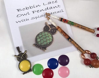 Kit - Owl Bobbin Lace Pendant Kit; Antique Brown Owl Pendant; Bobbin Lace kit; jewellery making kit