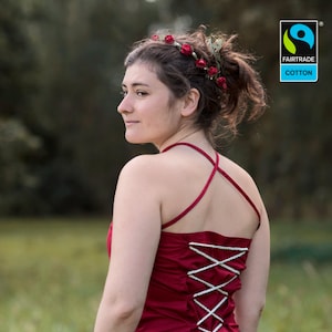 Fairtrade wine red lace-up dress, fair vegan organic