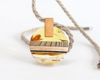 SUNSET unique necklace, baltic amber + (drift-) wood + Sterling silver, sailing memory pendant