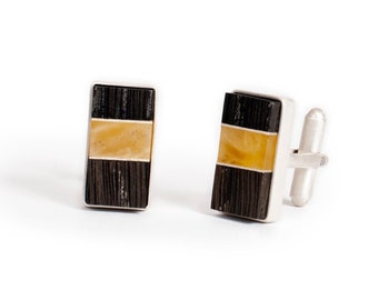 Cufflinks handmade of baltic amber, bog oak wood and sterling silver, by Amberwood Marta Wlodarska,