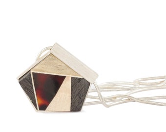 GEOMETRY pendant, darkred amber + wood + silver, Amberwood Marta Wlodarska