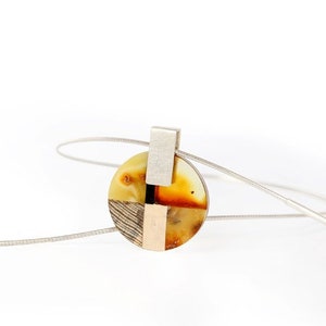 MOSAIC Art-Deco inspired necklace, baltic amber wood silver, orange grey, by Amberwood Marta Wlodarska image 4