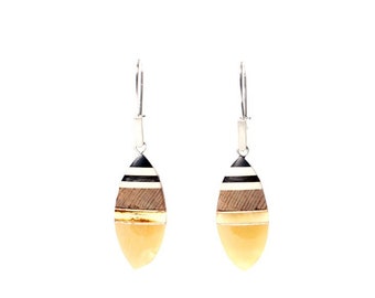 TRIANGLES earrings baltic amber + wood + Sterling silver, yellow grey, Amberwood Marta Wlodarska