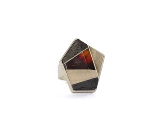 GEOMETRY Ring, baltic amber + wood + Sterling silver, dark orange grey black, by Amberwood Marta Wlodarska