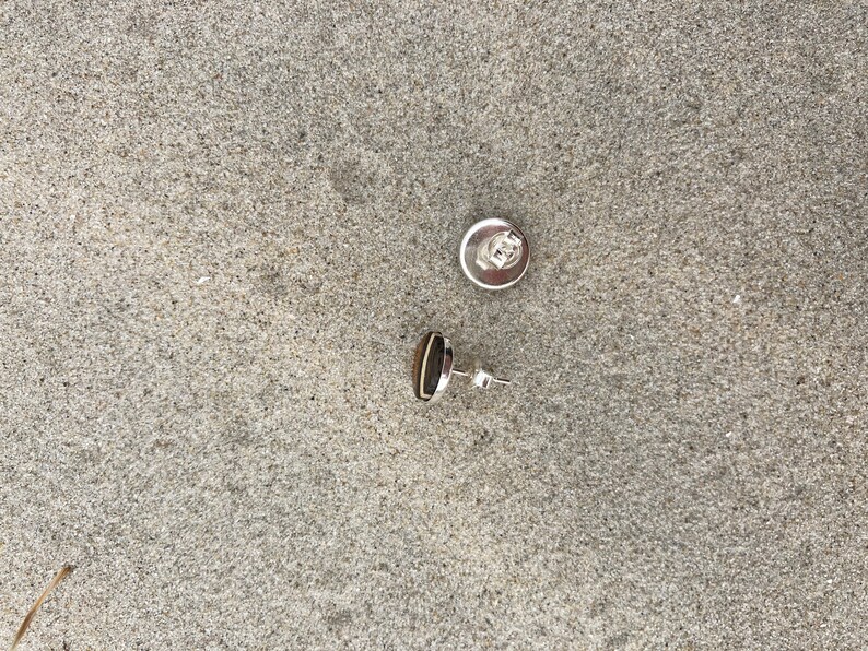 May include: A pair of silver stud earrings with a dark brown oval-shaped stone in the center.