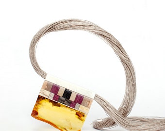 MOSAIC Art Déco inspired necklace, amber + wood +silver, yellow purple, by Amberwood Marta Wlodarska
