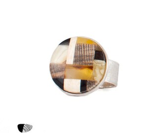 MOSAIC Round ring made of yellow amber, wood and Sterling silver, by Amberwood Marta Wlodarska