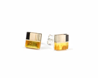 SQUARE studs, natural baltic amber + wood + sterling silver, orange black, Amberwood Marta Wlodarska