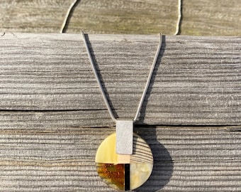 MOSAIC Art-Deco inspired necklace, baltic amber + wood + silver, orange grey, by Amberwood Marta Wlodarska