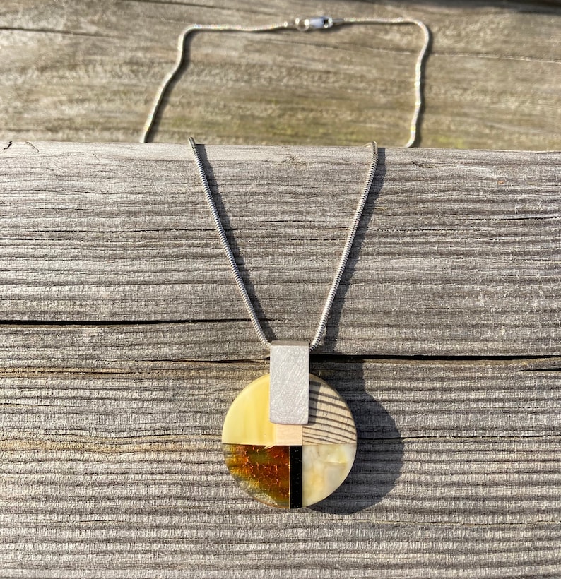 MOSAIC Art-Deco inspired necklace, baltic amber wood silver, orange grey, by Amberwood Marta Wlodarska image 1