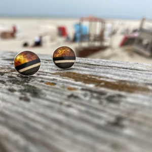 May include: A pair of round earrings with a black and white striped design and a brown amber-like center.