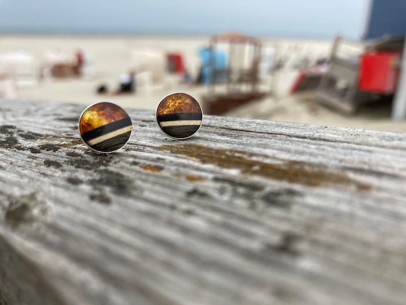 May include: A pair of round earrings with a black and white striped design and a brown amber-like center.