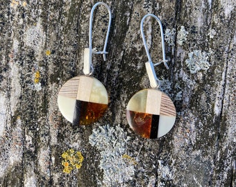 MOSAIC M earrings, baltic amber+ wood + silver, Art-Déco-style, by Amberwood Marta Wlodarska