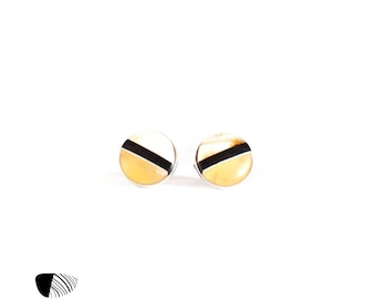 ROUND studs / pins, baltic amber + ebony + sterling silver, yellow black, Amberwood Marta Wlodarska