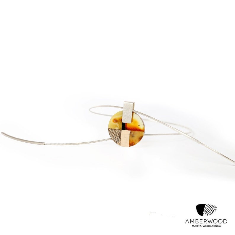 MOSAIC Art-Deco inspired necklace, baltic amber wood silver, orange grey, by Amberwood Marta Wlodarska image 4
