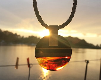 ROUND S Collier, baltic amber + wood + Sterling silver, orange black, Amberwood Marta Wlodarska 