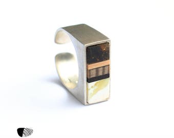 SILVER Ring Bernstein + Holz + Silber, handgefertigt, von Amberwood Marta Wlodarska