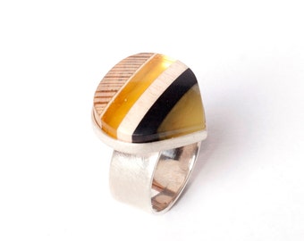 LEAVES Ring baltic amber + wood + sterling silver, yellow grey black, by Amberwood Marta Wlodarska