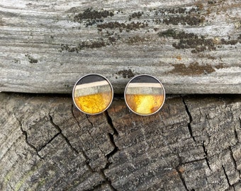 ROUND studs, baltic amber + wood + silver, transparent yellow, pin earrings by Amberwood Marta Wlodarska