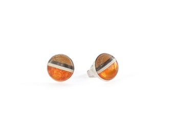 ROUND XS studs pins, baltic amber, + wood + Sterling silver, orange brown, by Amberwood Marta Wlodarska