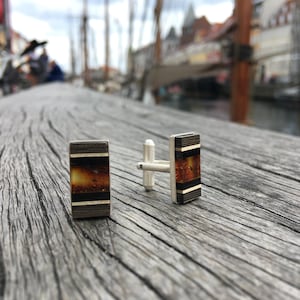 Rectangle cufflinks with red baltic amber, wood and Sterling silver, handmade by Amberwood Marta Wlodarska