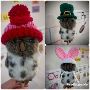 May include: A collage of three owl figurines, each with a different knitted hat. One owl wears a red and pink bobble hat, another a green leprechaun hat, and the third a white and pink bunny ear bonnet. Each owl has a brown beak and large yellow eyes.