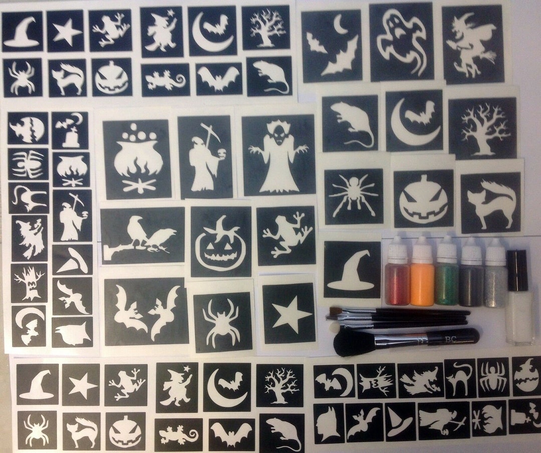 Halloween Glitter Tattoo Kit 40 Stencils 5 Glitters 1 Glue Etsy