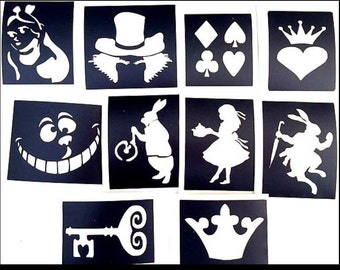 Glitter tattoo stencils Alice in wonderland pack Professional quality 3 part stencil use fror glitter tattoos facepainting airbrush etc