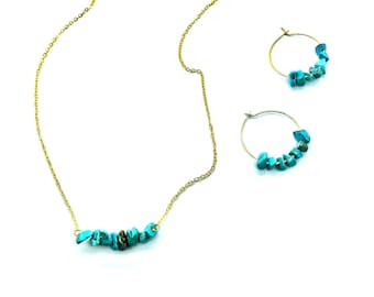 raw turquoise necklace and earring set, gemstone hoop earrings, boho chic jewelry, gold turquoise hoop earrings, mom birthday gift, sister