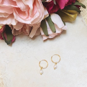 14K Gold Filled Perlen Creolen | Süsswasserperle Huggies | Alltag Ohrringe | Freundlich für sensible Haut | Geschenk für Sie | Zierliche Schmuckstücke