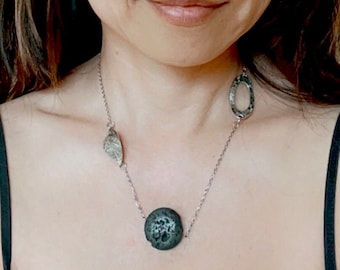Lava Stone Aromatherapy Necklace, Essential Oil Diffuser, Silver Plated Chain