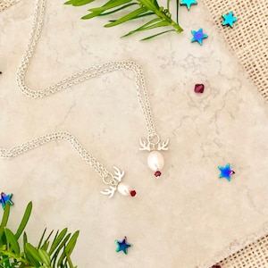 Christmas Jewelry STERLING SILVER REINDEER Necklaces for 2, Christmas Gifts for Mom Daughter Necklace Set, stocking stuffers for girls, xmas
