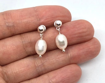 sterling silver pearl drop earrings bridal earrings silver, pearl bridesmaid earrings set of 8, simple wedding earrings, June birthday gift