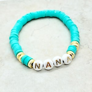 pulsera de cuentas de letras personalizada, regalo de Nana, pulsera de cuentas con nombre, pulsera turquesa para mujeres, regalo de cumpleaños de la abuela, pulsera apilable elástica