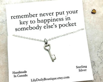 sterling silver key to happiness necklace, key necklaces for women, inspirational gifts for girls, sister birthday gift, minimalist necklace